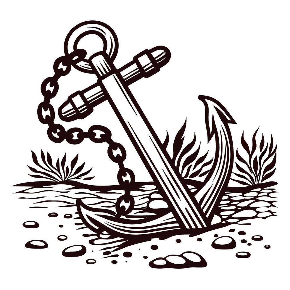 Nautical anchor with chain amidst seaweed and rocks in black and white design vector