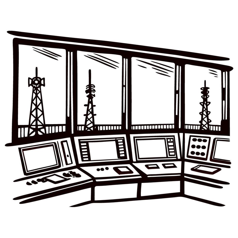 Communication towers and control room with advanced monitoring systems vector