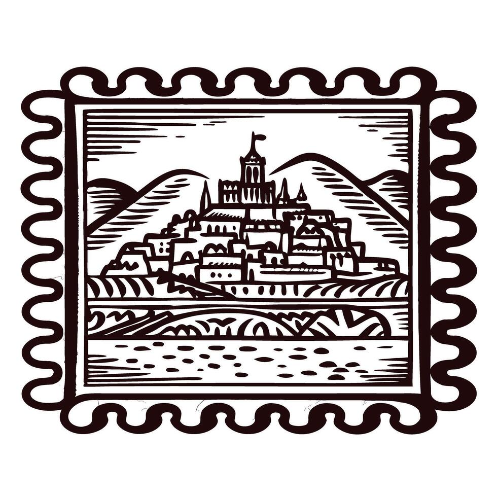 Vintage black and white of a medieval town with mountains vector