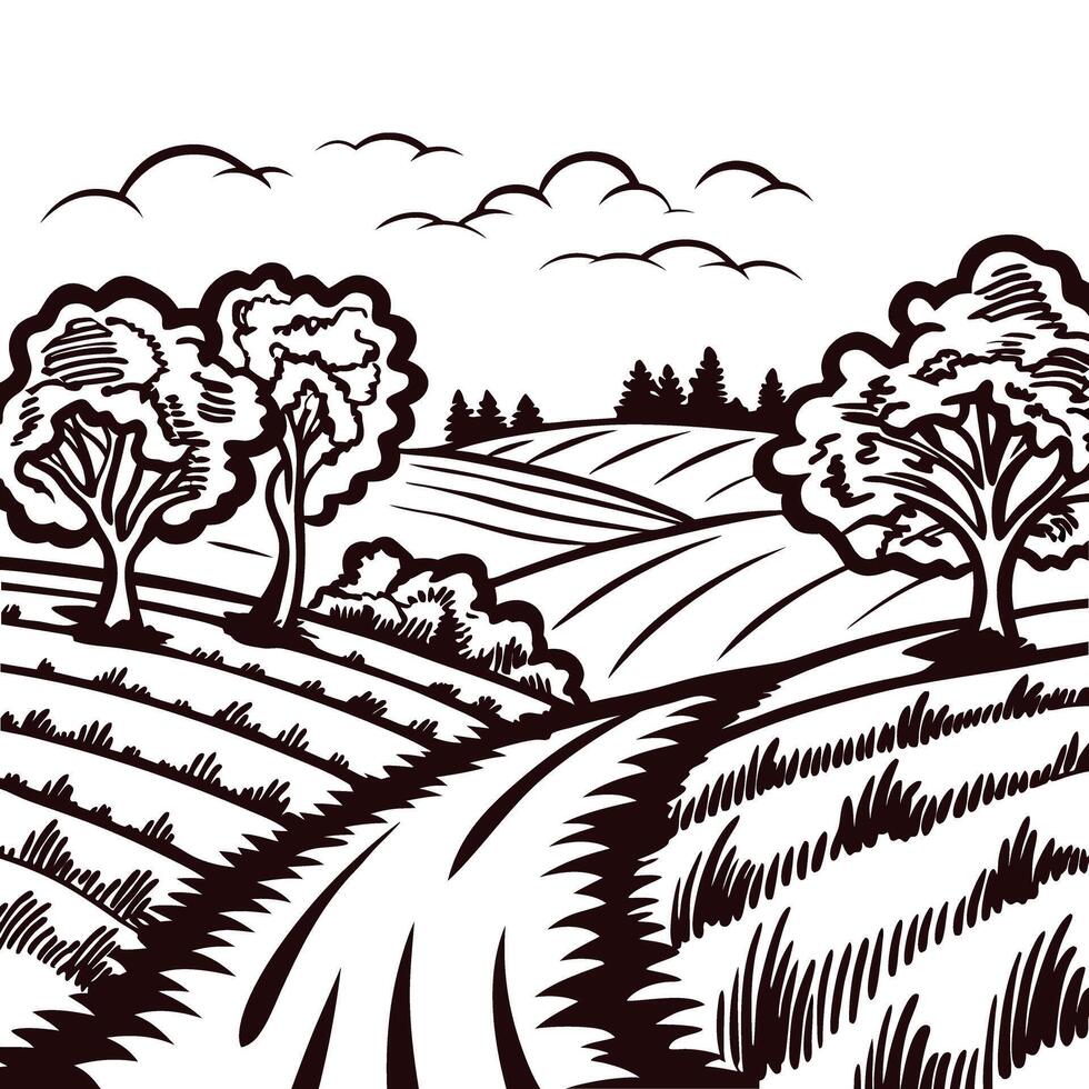 Scenic countryside landscape with rolling hills, trees, and birds in the sky vector