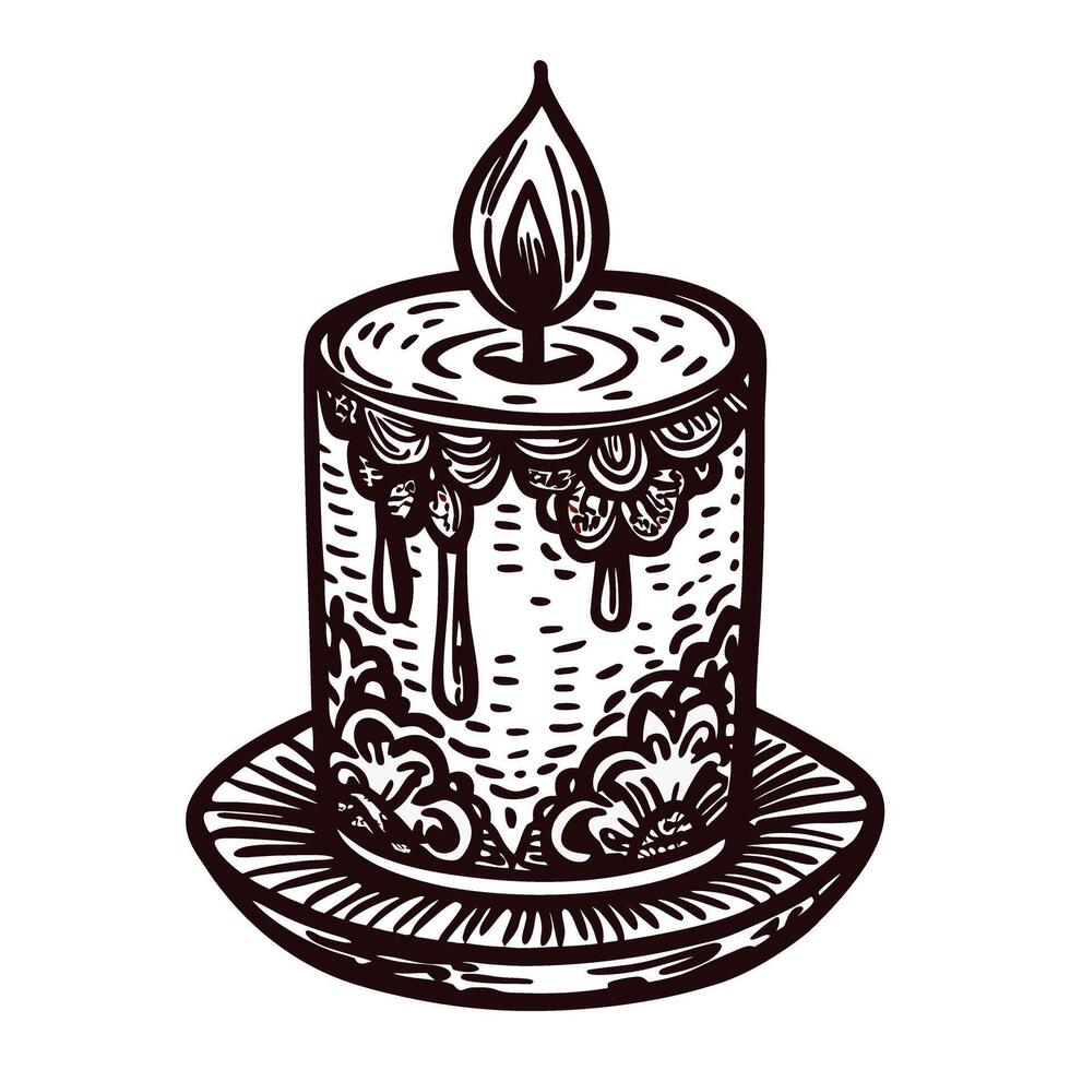 Intricate decorative candle with floral patterns on plate in black and white vector