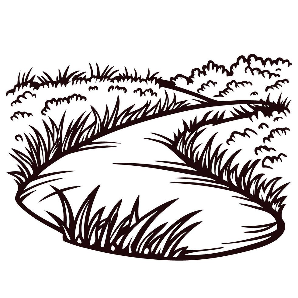 Scenic pathway through grass and bushes monochrome nature scene vector