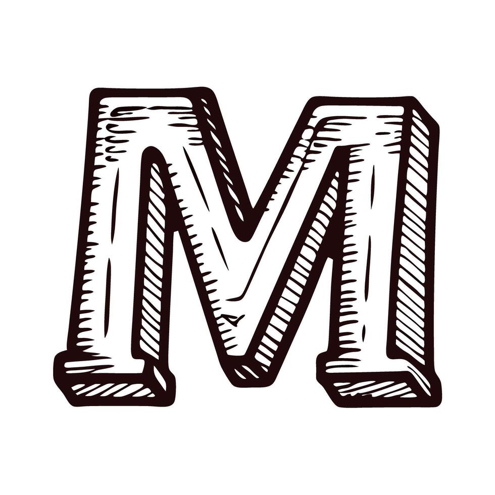 Hand drawn vintage letter m with intricate detailing and bold lines vector