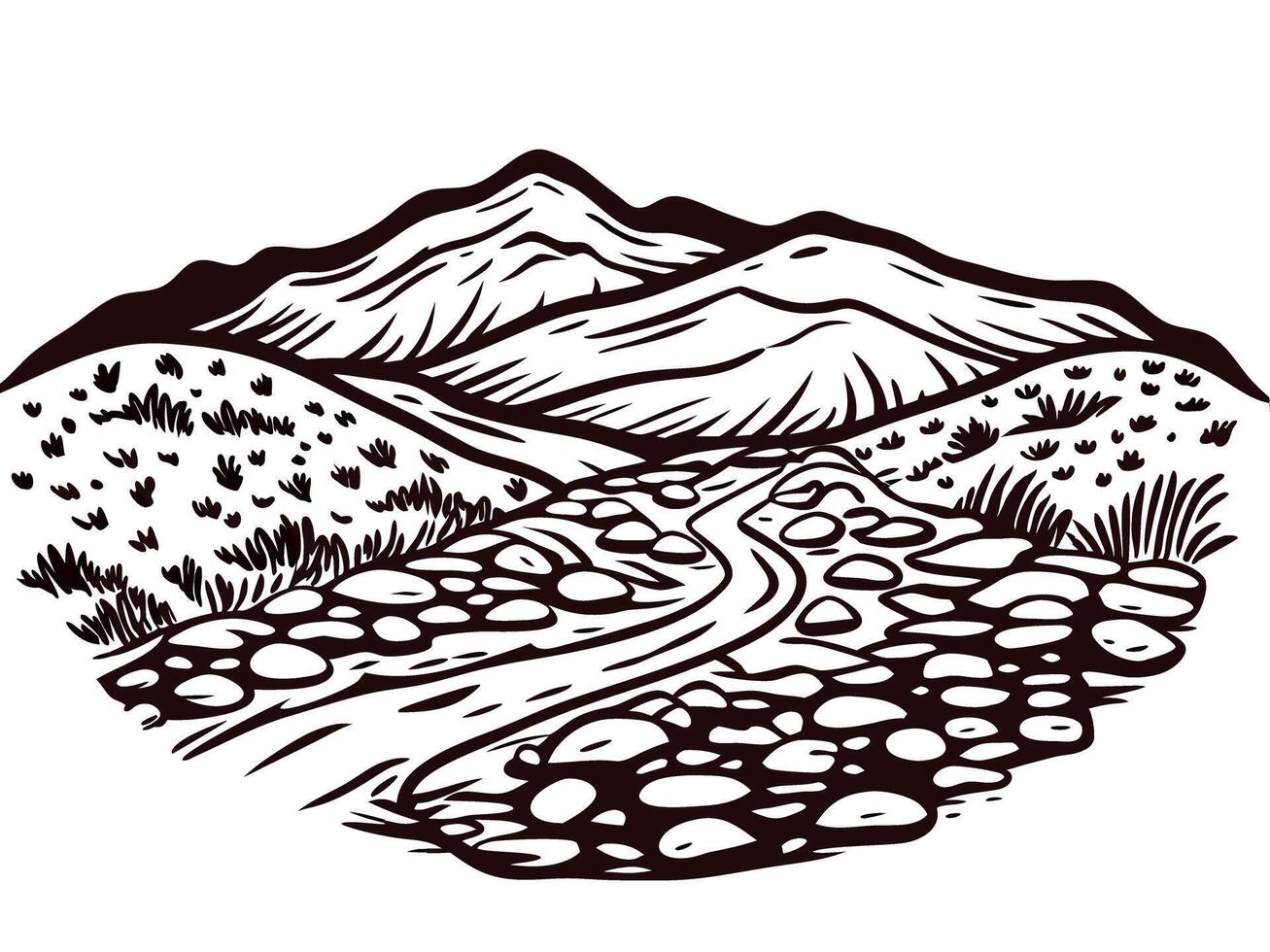 Serene mountain landscape with riverbed and rolling hills in black and white vector