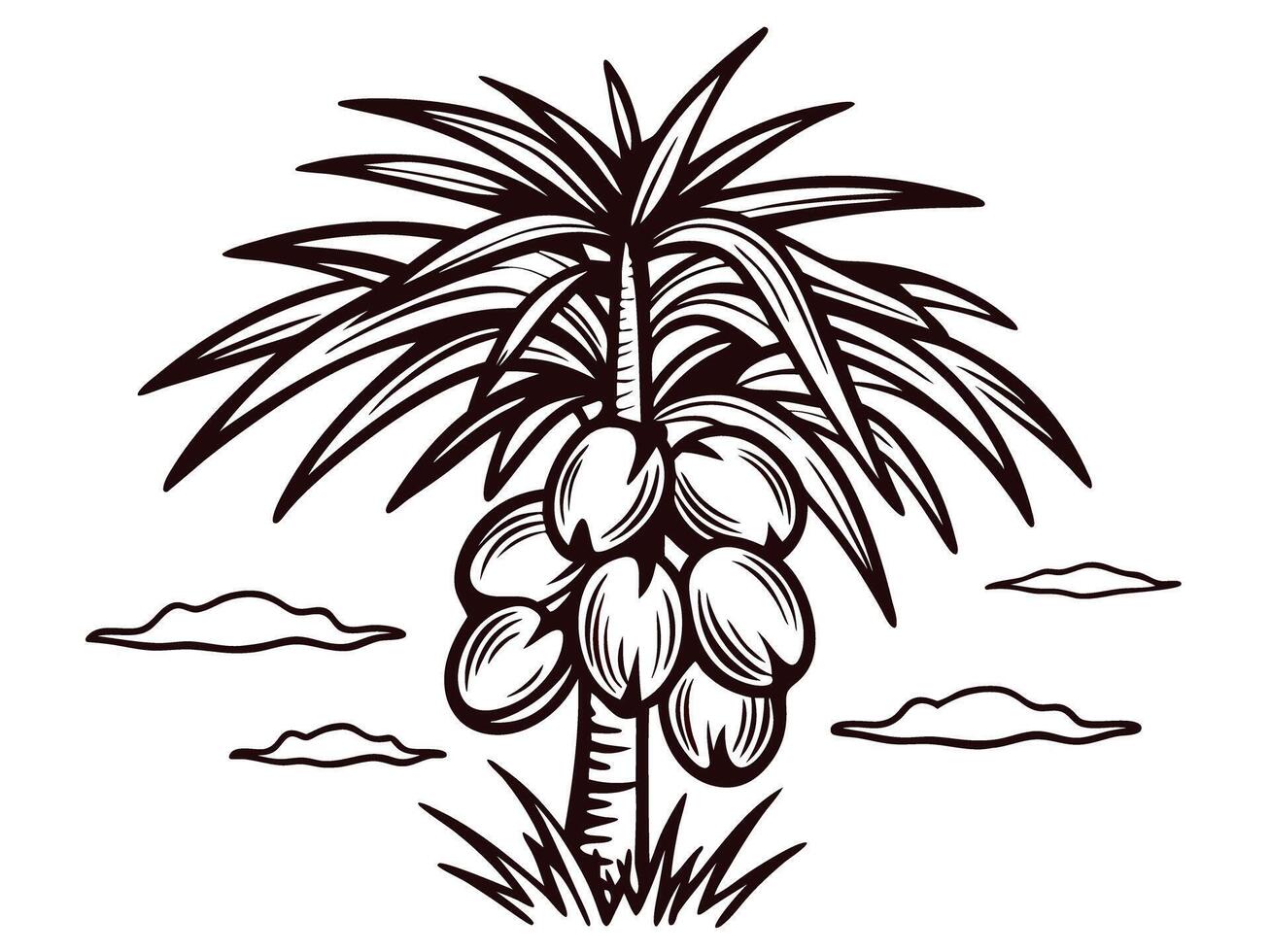 Illustrated palm tree with coconuts and clouds in minimalist vector