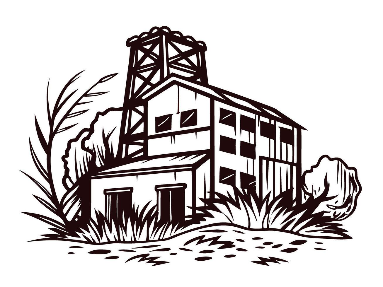 Abandoned industrial building in overgrown landscape with tower structure and dense vegetation vector