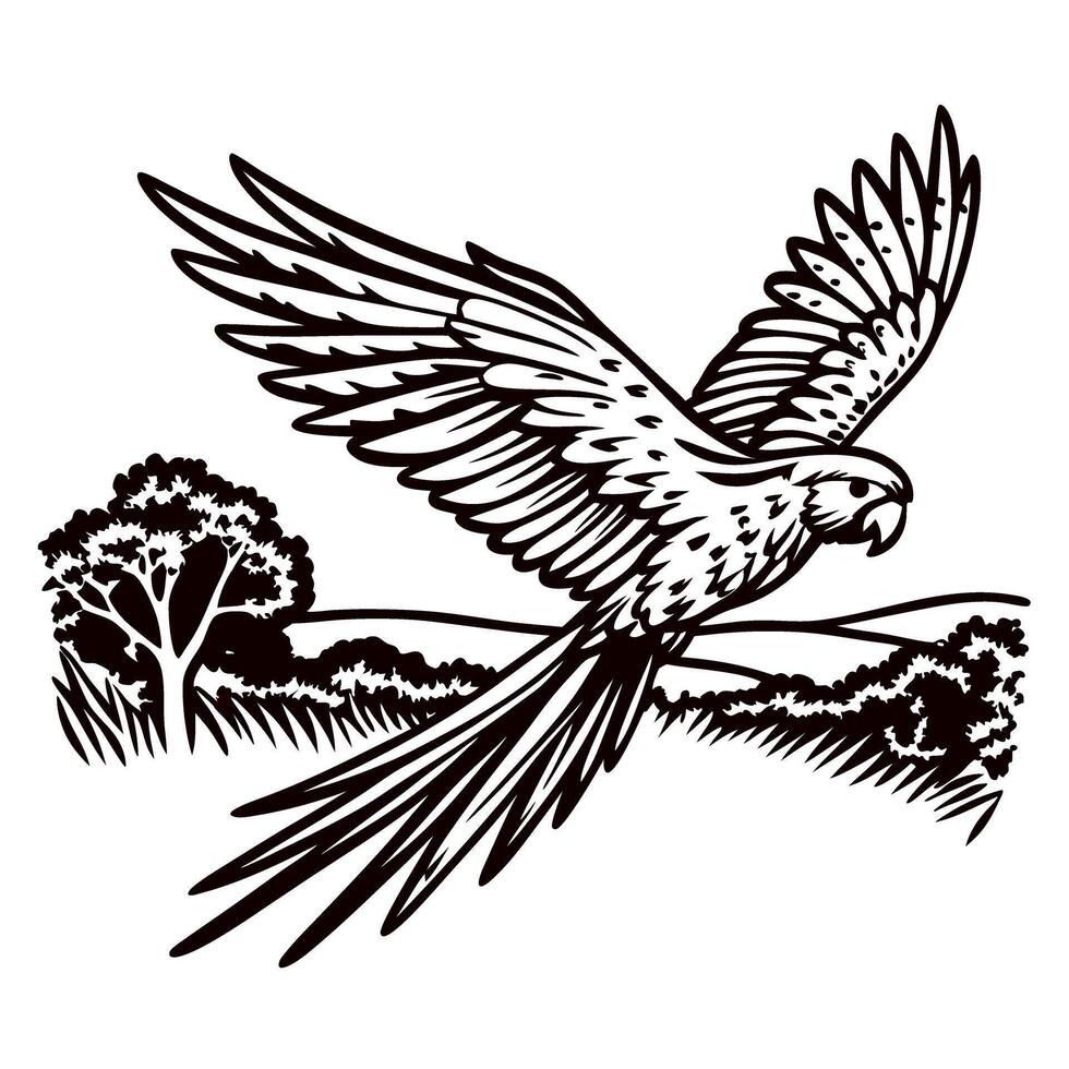 Intricate black and white of a parrot soaring over a lush landscape with trees and fields in the background vector