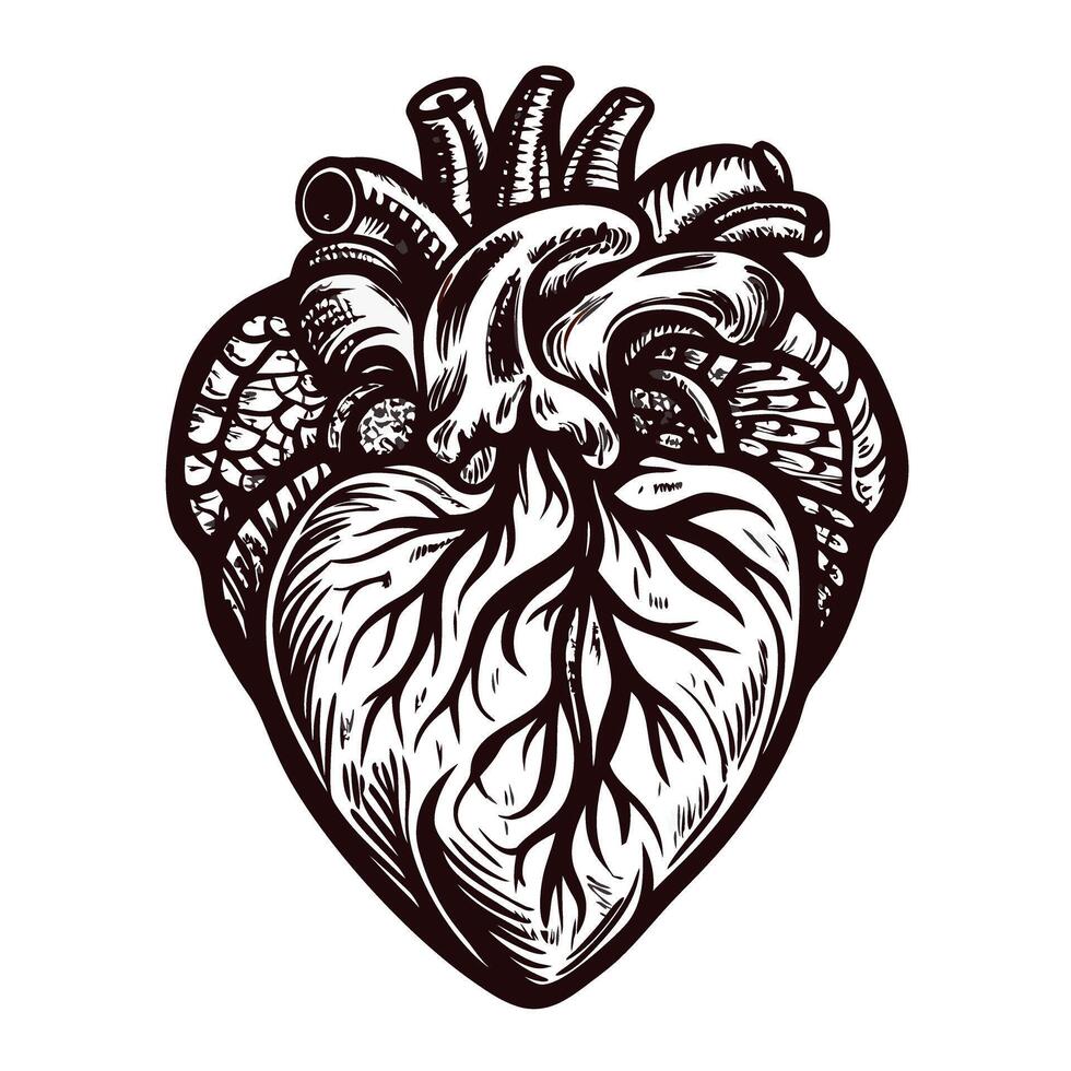 Detailed anatomical heart with intricate veins and arteries in monochrome vector