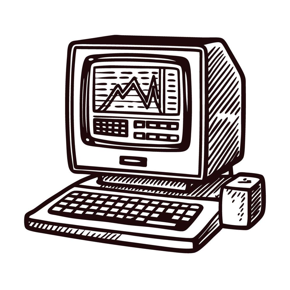 Retro desktop computer with graph display on screen vector