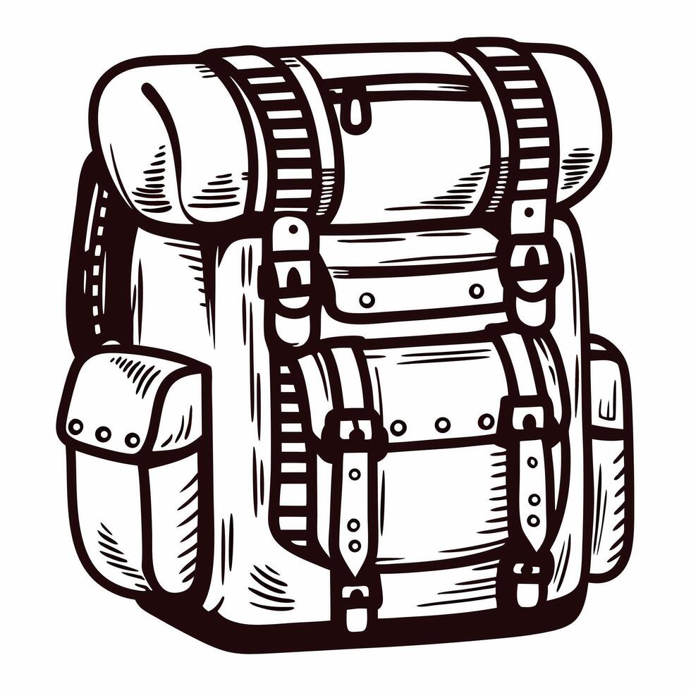 Vintage camping backpack with straps and pockets in detailed line art vector