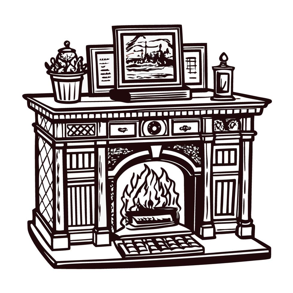 Ornate vintage fireplace with artwork and decorations on mantelpiece in classic setting vector