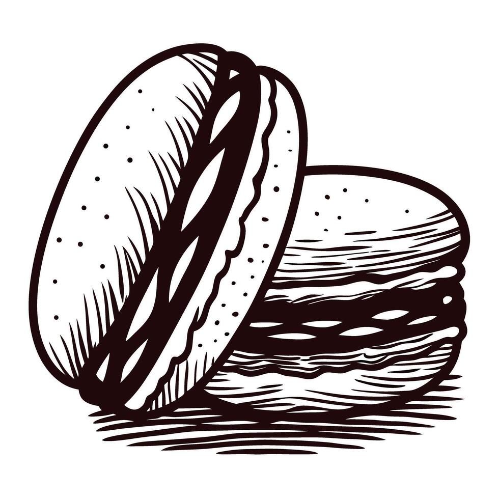 Black and white of two macarons with detailed line art design vector