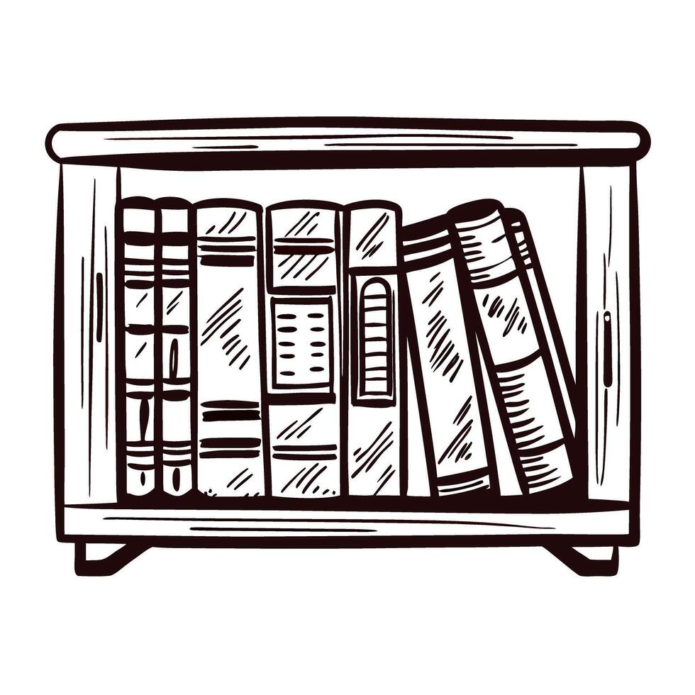 Wooden bookshelf filled with vintage books in black and white vector