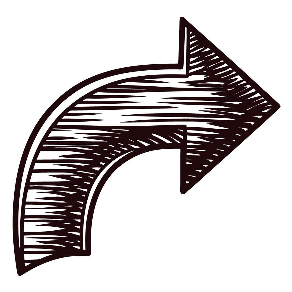 Black and white sketch of a curved arrow pointing to the right in hand drawn vector