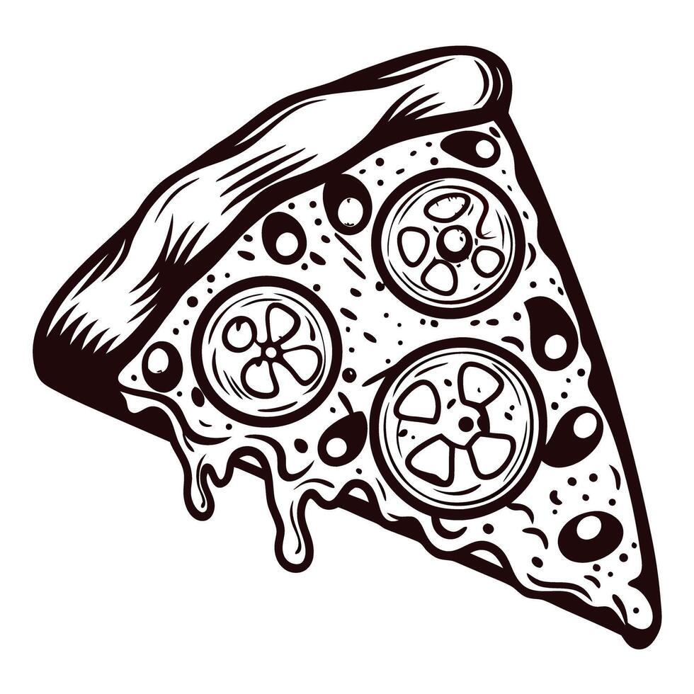 Monochrome of a pizza slice with dripping cheese and toppings vector