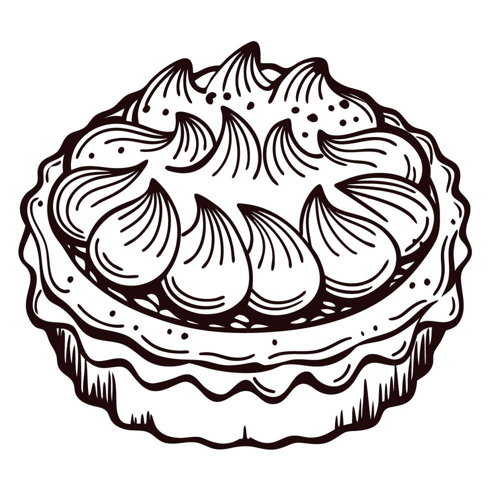 Hand drawn of a detailed pastry tart with swirled cream topping vector