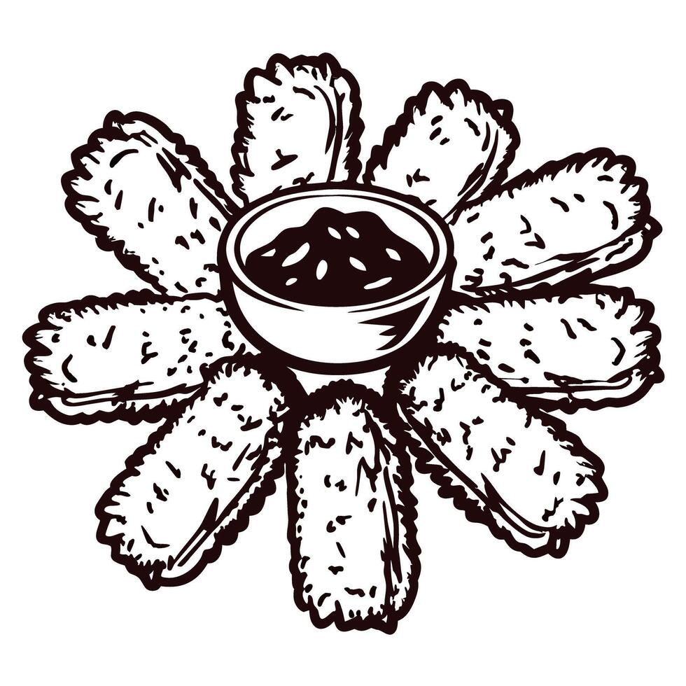 Crispy spring rolls arranged in a circle with dipping sauce in the center vector