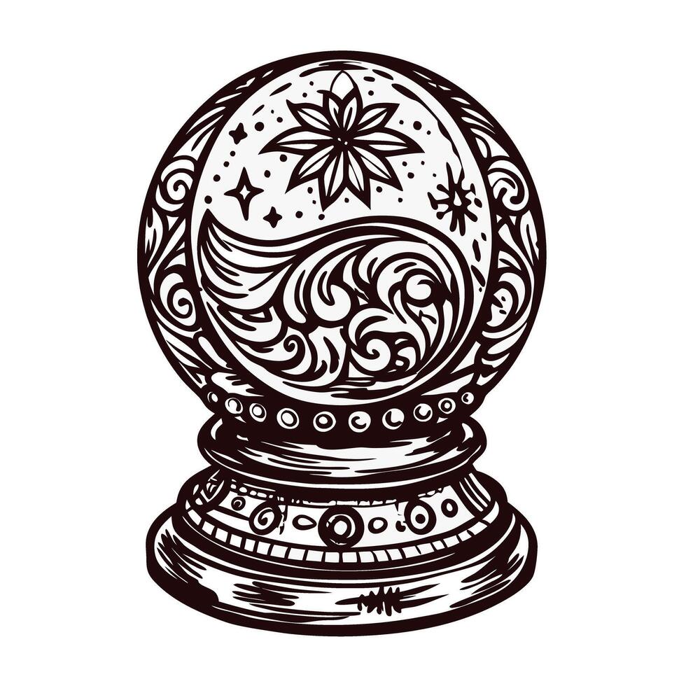 Ornate crystal ball with decorative patterns and celestial motifs vector