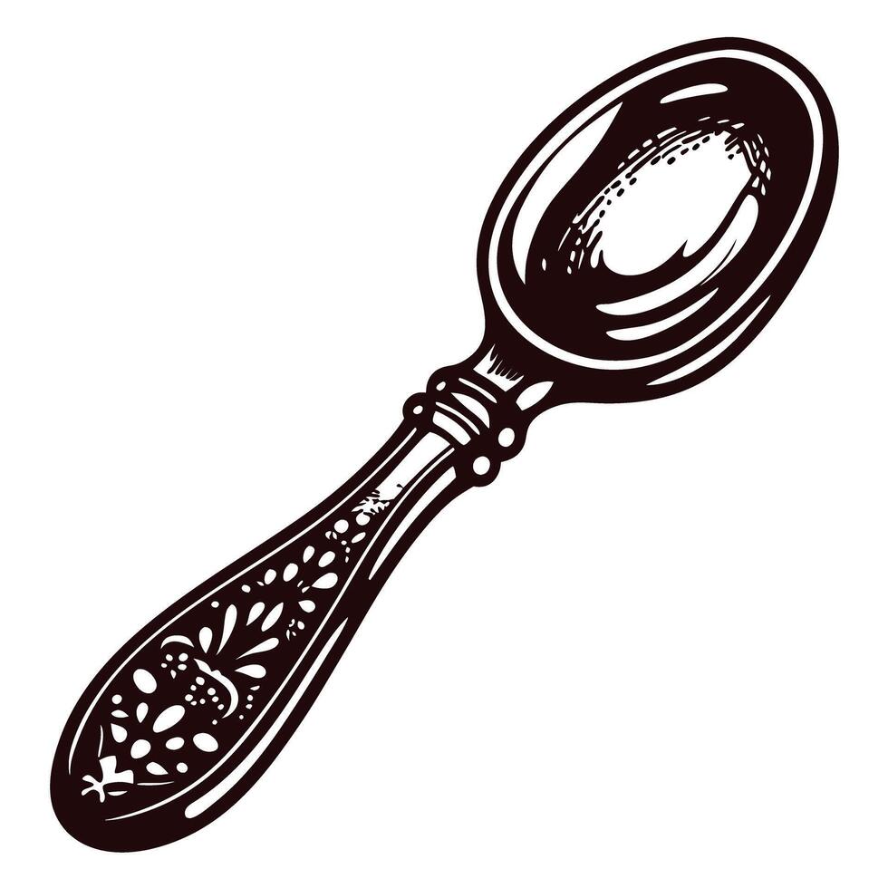 Ornate vintage spoon with intricate floral carvings in black and white vector