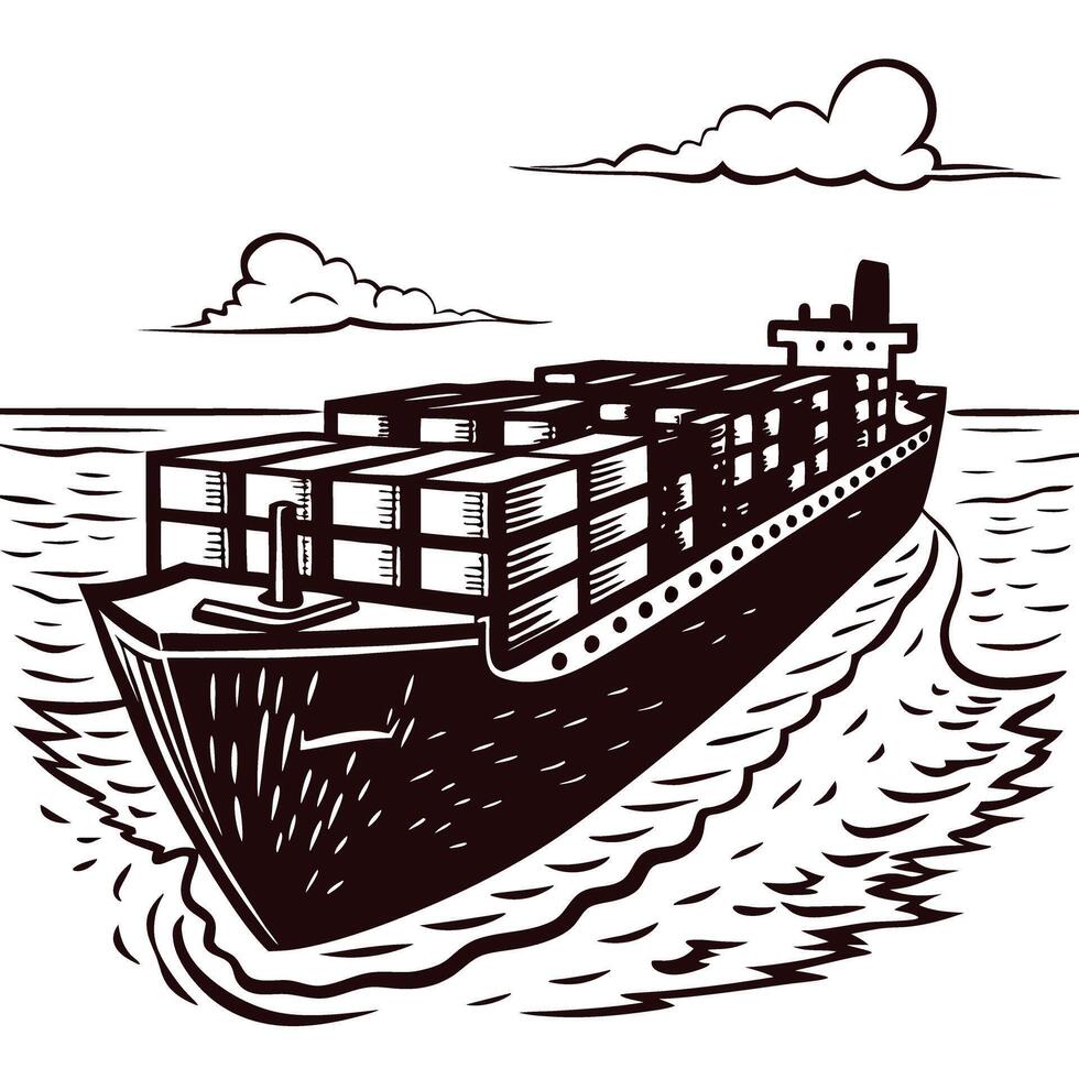 Container ship sailing in ocean waves depicted in vintage woodcut art vector