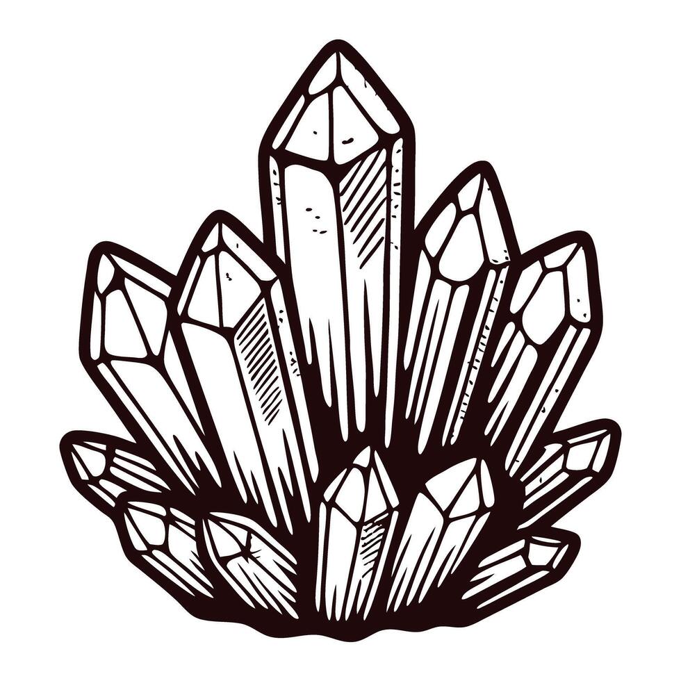 Detailed line art of clustered quartz crystals with sharp facets and geometric design vector