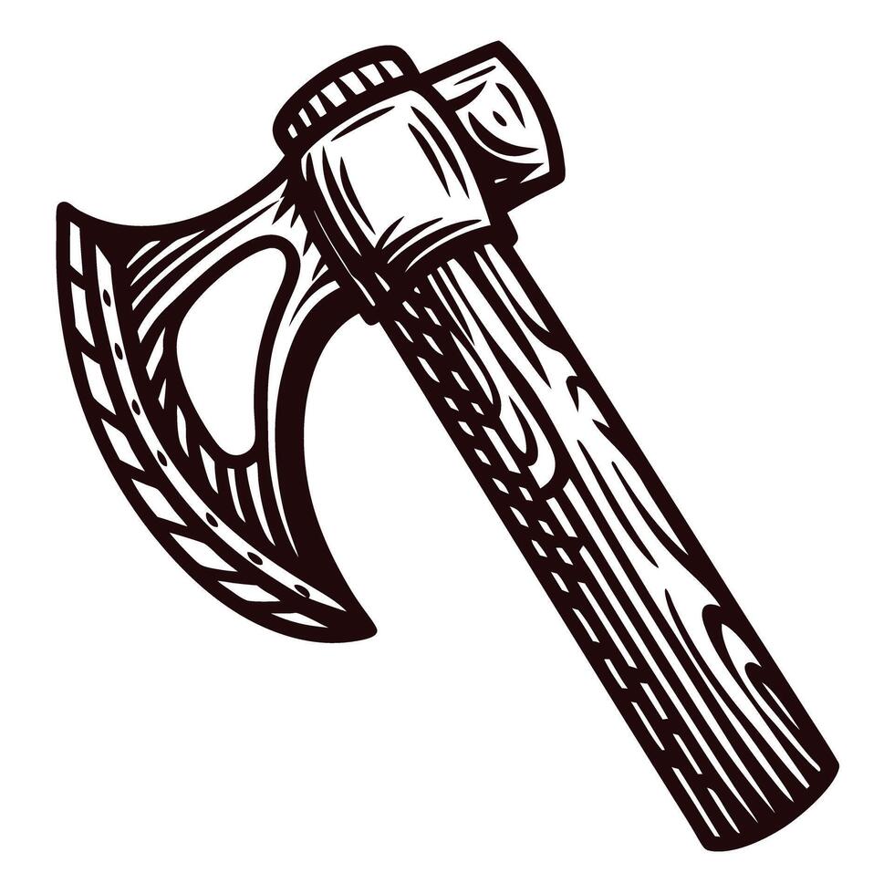Vintage engraved battle axe with wooden handle in black and white vector