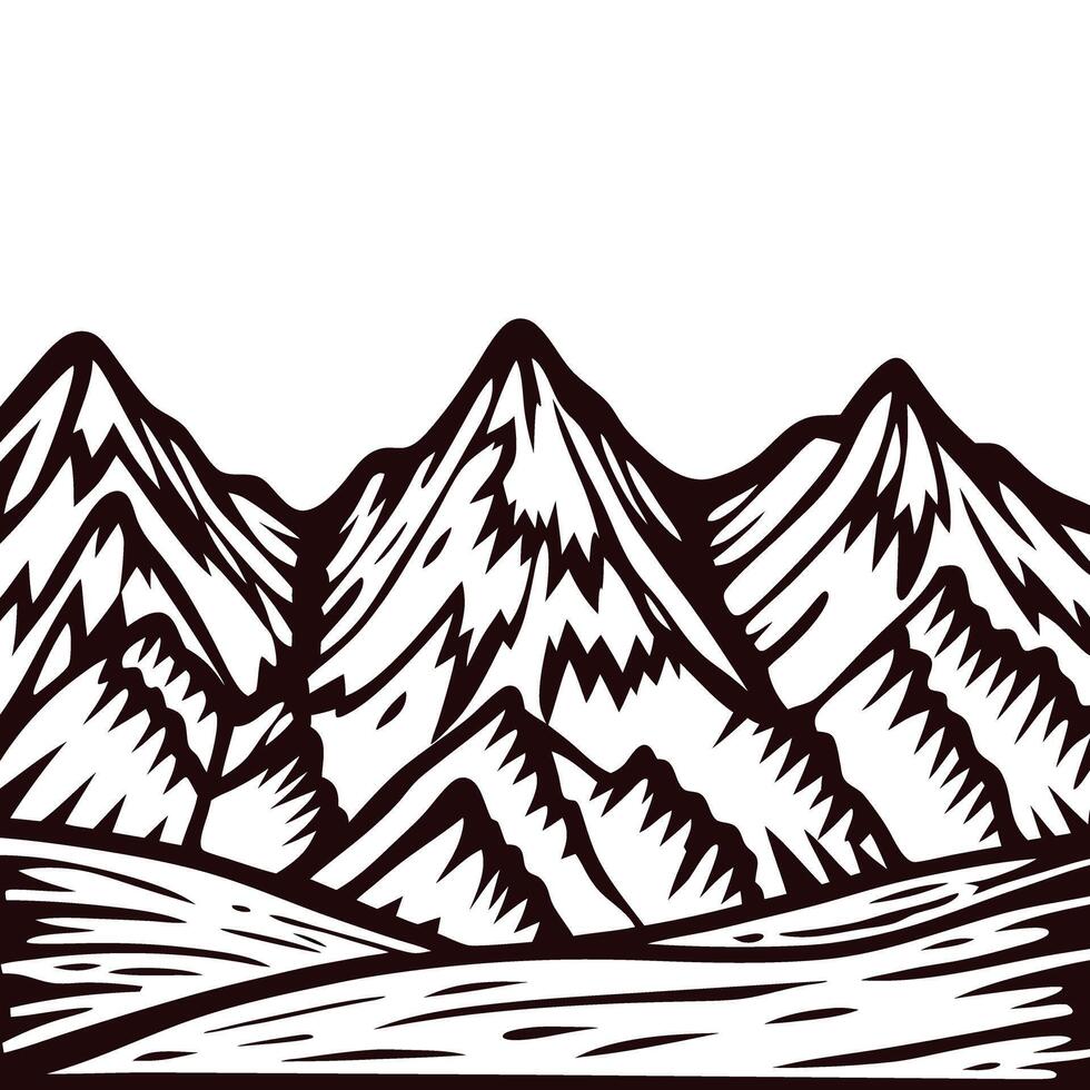 Black and white mountain landscape with snow capped peaks in graphic art vector