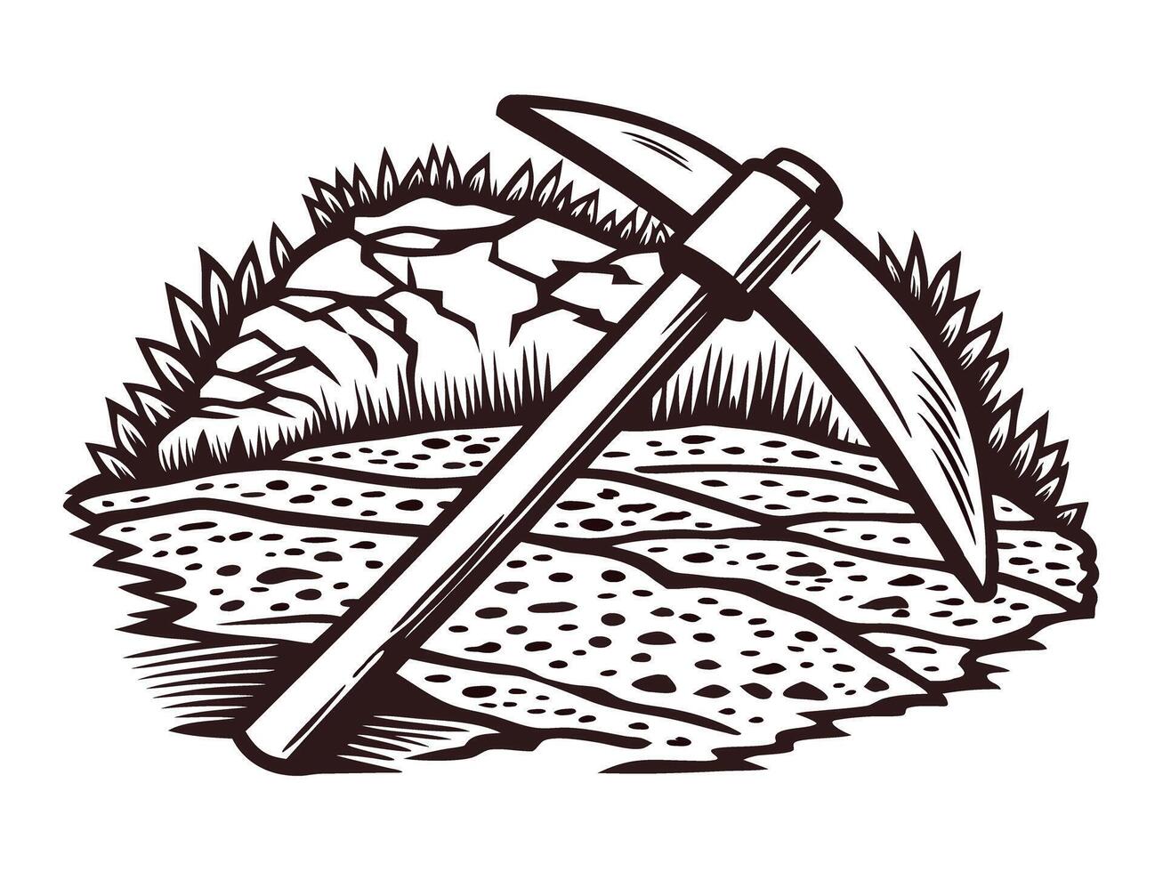 Pickaxe resting on rocky ground with grass surrounding, emphasizing mining and exploration concept vector