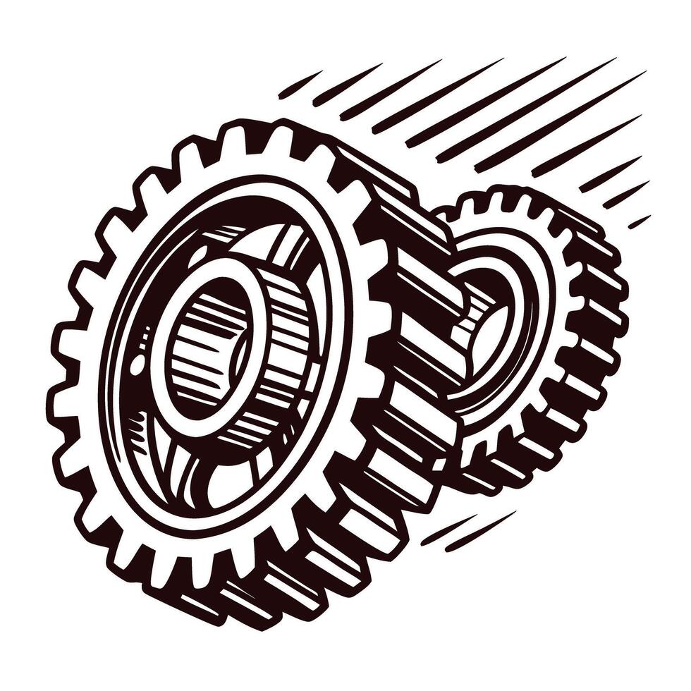 Engraving of interlocking mechanical gears in motion symbolizing industrial innovation and engineering precision vector
