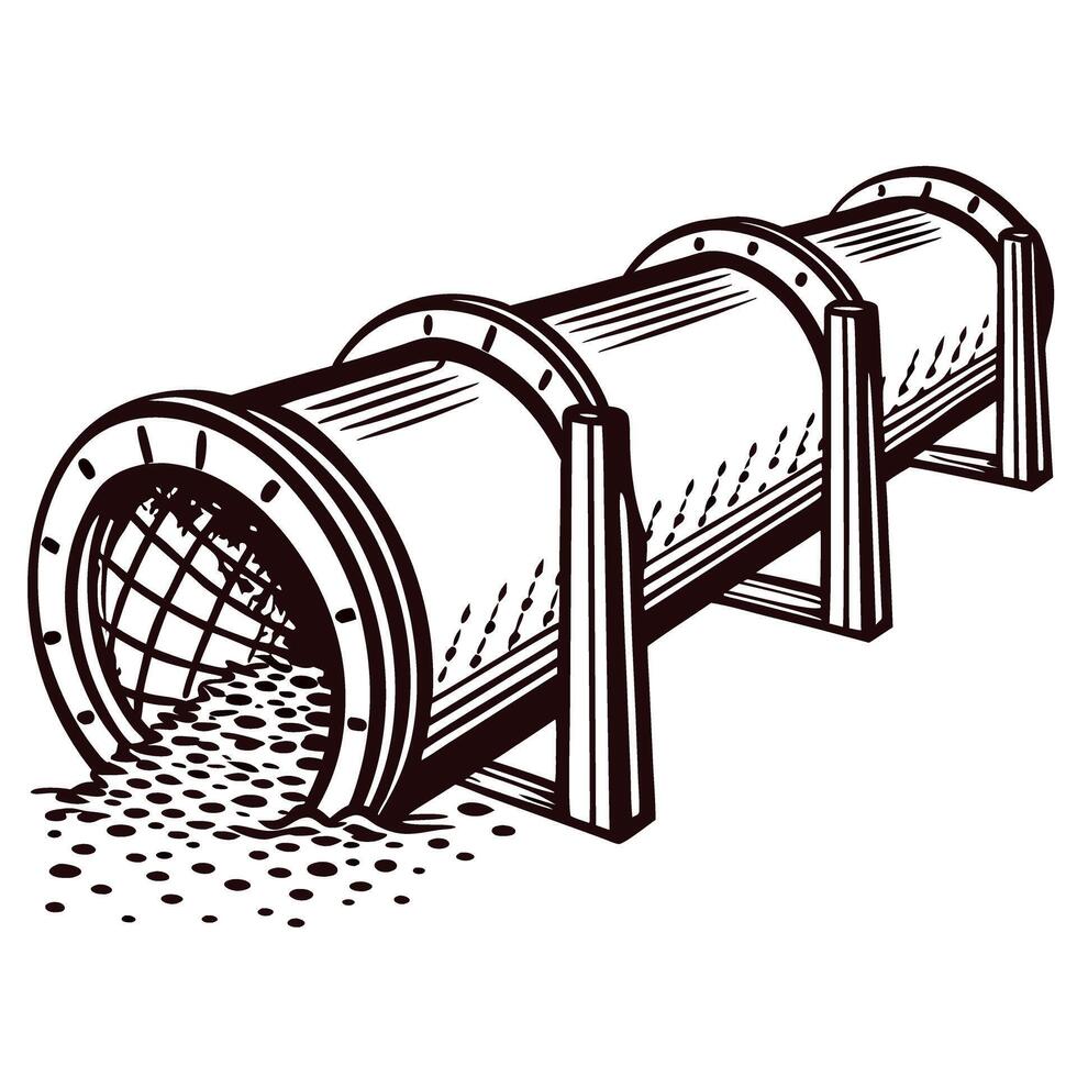 Industrial sifter machine processing granular material in stylized vector