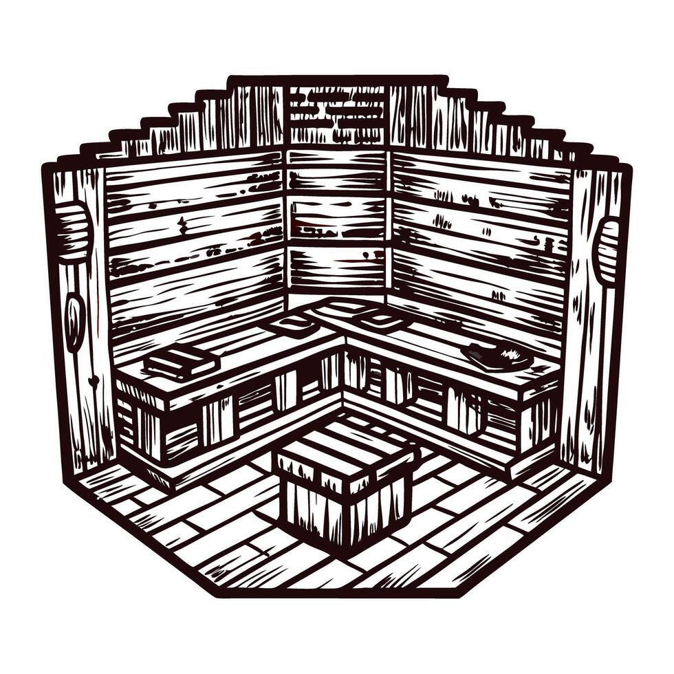 Rustic wooden interior of a sauna with benches and panels in traditional finnish design vector
