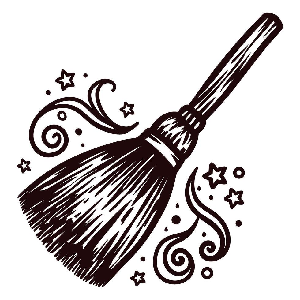 Vintage broomstick with decorative swirls and stars vector