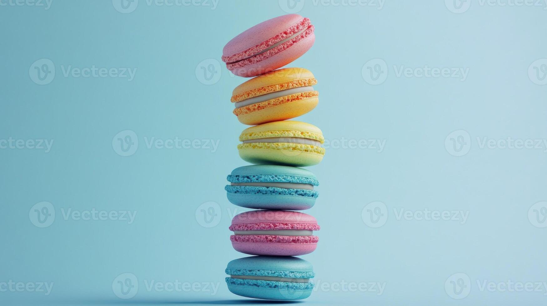 A stack of colorful macarons. A vibrant array of pastel-colored macarons are delicately stacked, creating a visually appealing tower against a soft light-blue backdrop. photo