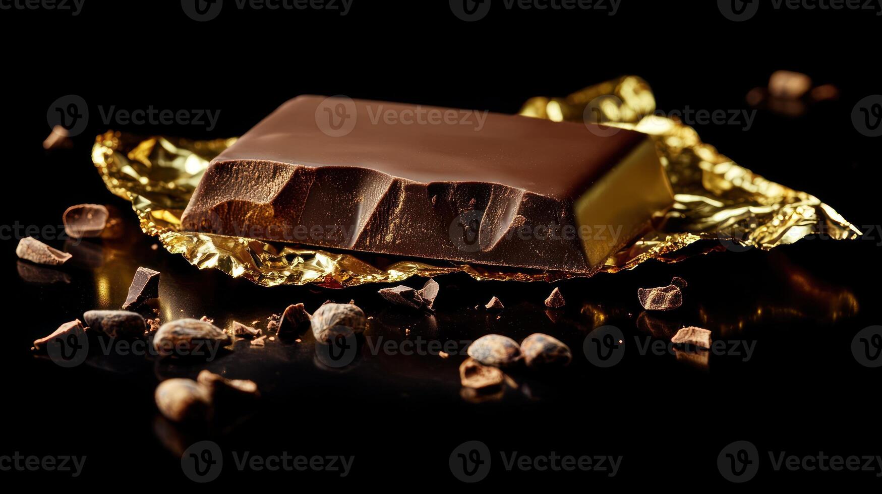 Dark chocolate bar wrapped in gold foil, surrounded by cocoa beans and chocolate shavings. A close-up view highlighting the rich texture and luxurious presentation of the decadent treat photo