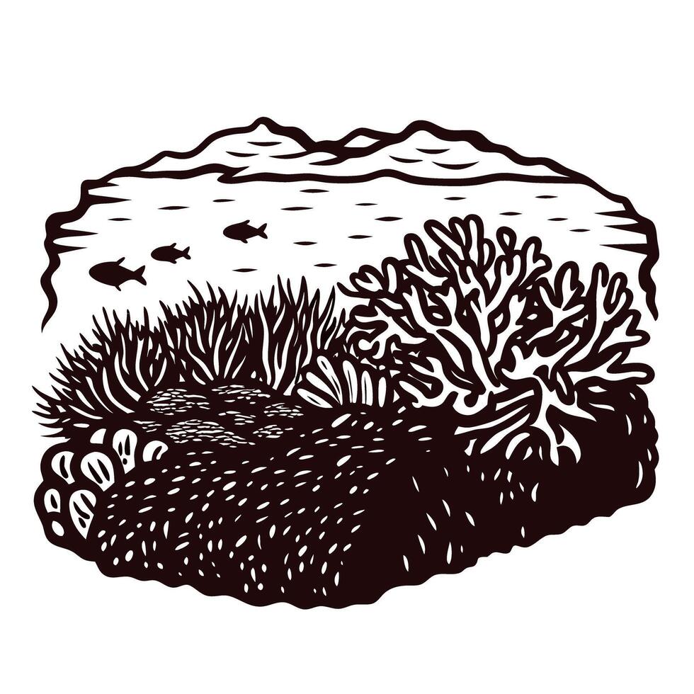 Underwater coral reef scene with fish and aquatic plants in black and white vector