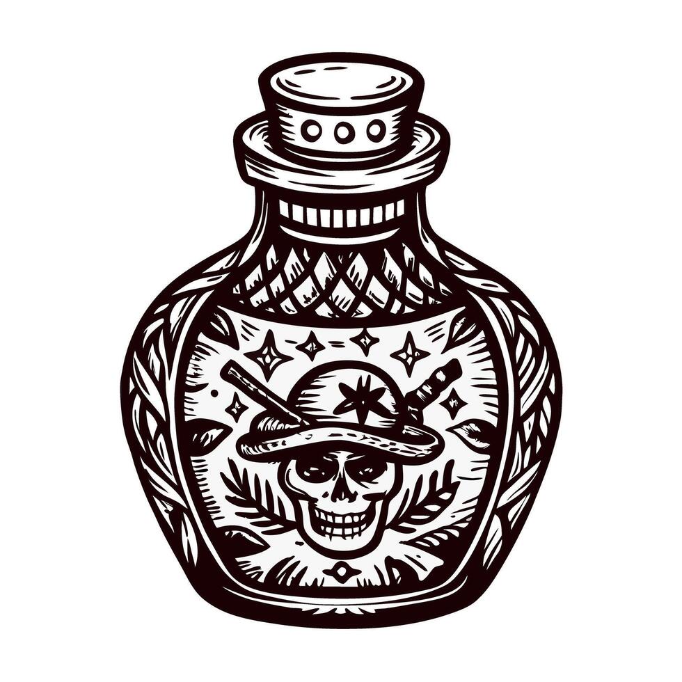 Vintage skull and crossbones poison bottle with intricate detailing and nautical elements vector