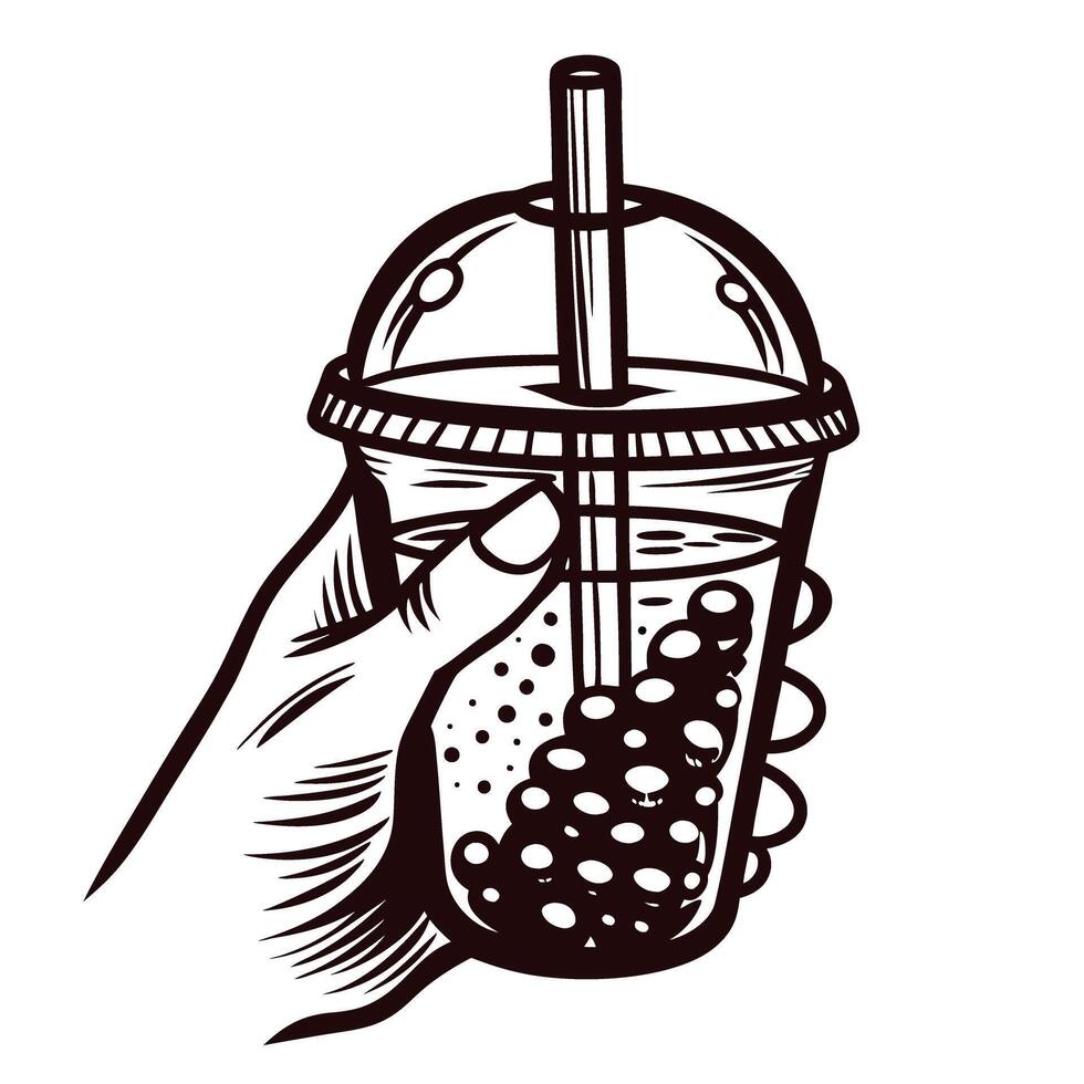 Hand holding bubble tea cup with straw and tapioca pearls in minimalist line art design vector