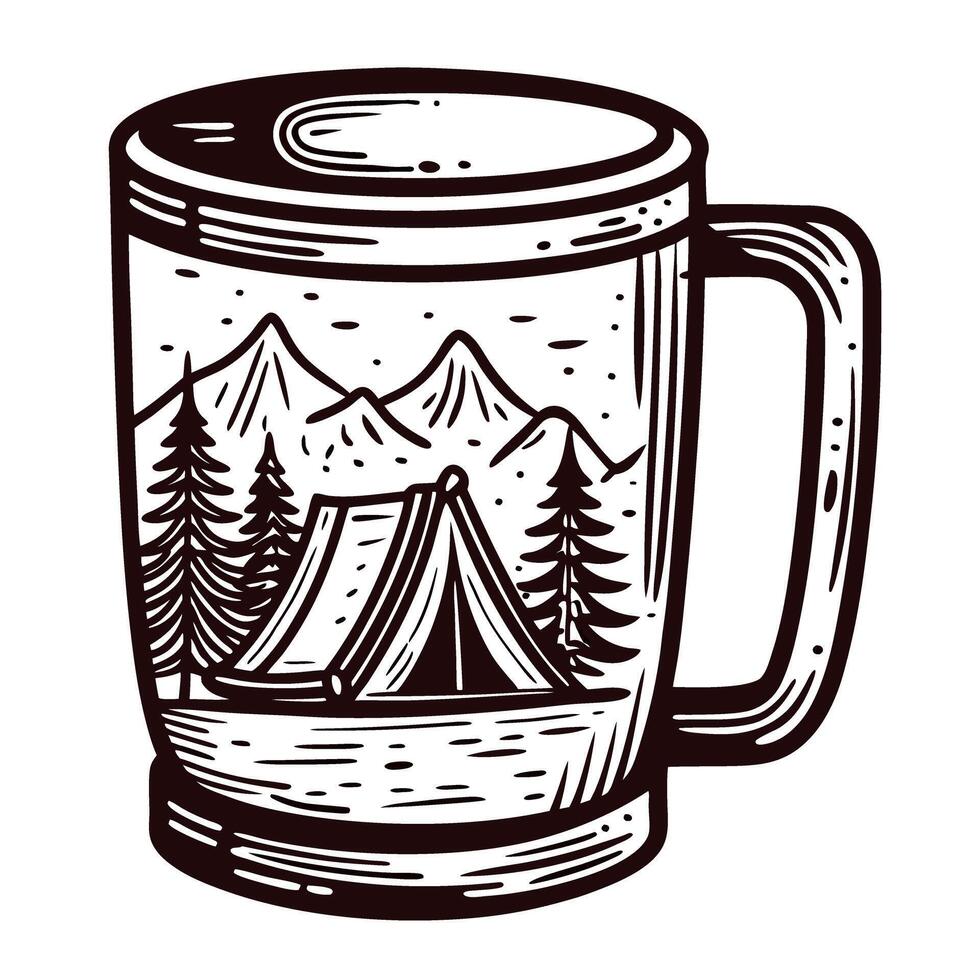 Camping scene etched on mug with mountain and pine tree design vector