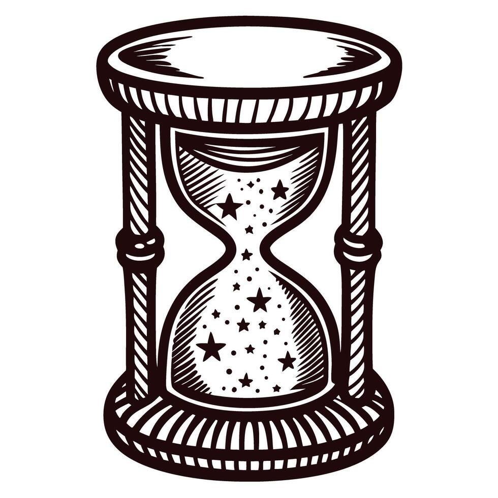 Vintage hourglass with starry sand embellishments and whimsical design in black and white art vector