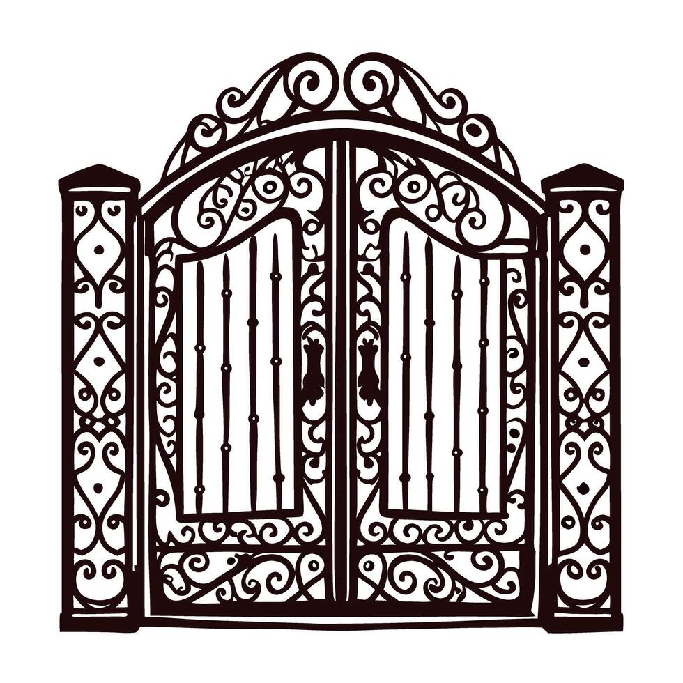 Ornate iron gate with intricate patterns and decorative pillars in black silhouette vector
