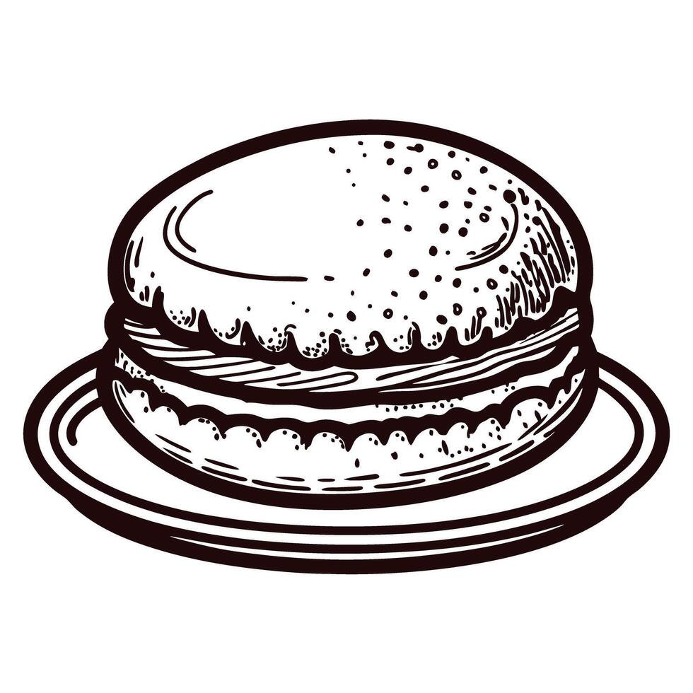 Detailed ink drawing of a classic macaron on a plate vector