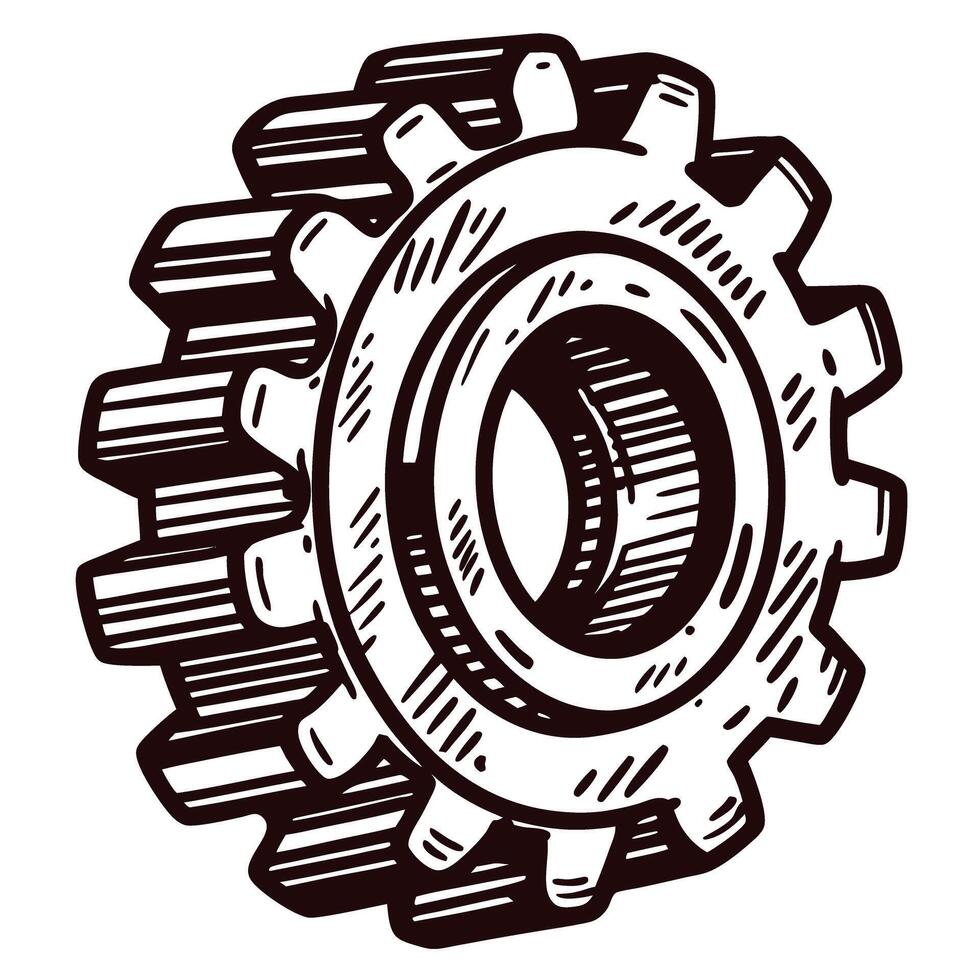 Intricate mechanical gear in detailed black and white vector