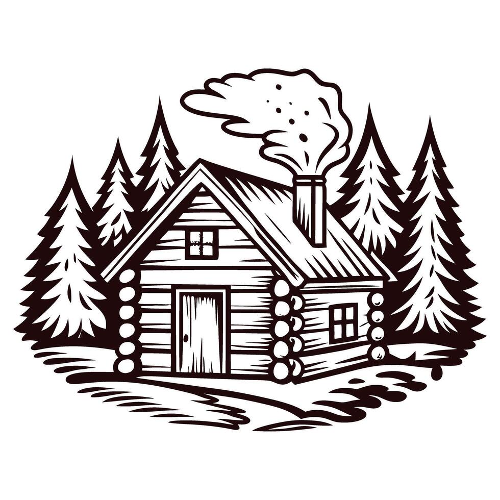 Rustic log cabin in pine forest with smoky chimney in tranquil nature setting vector
