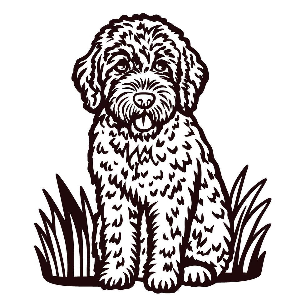 Fluffy dog sitting on grass with shaggy fur and playful expression vector