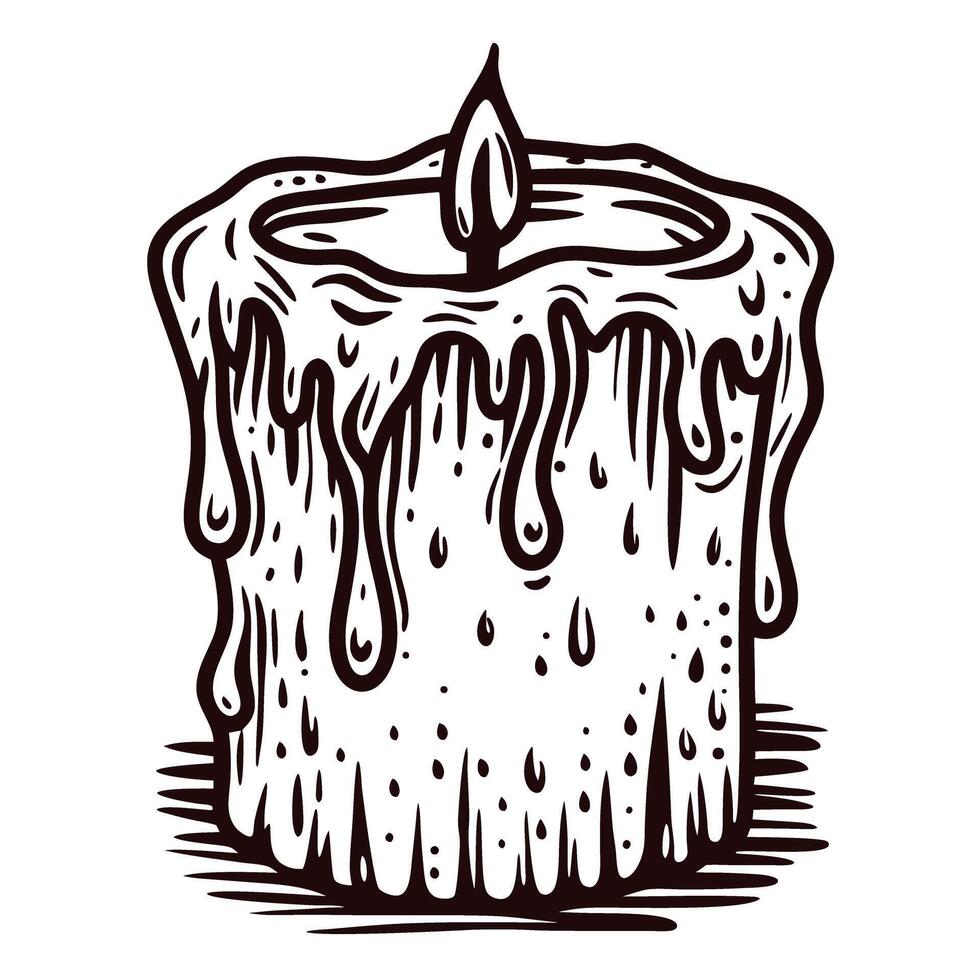 Hand drawn melting wax candle with dripping details and flame on white background vector