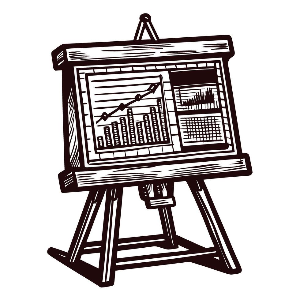 Retro bar graph and line chart on easel showing economic trends and analytics vector