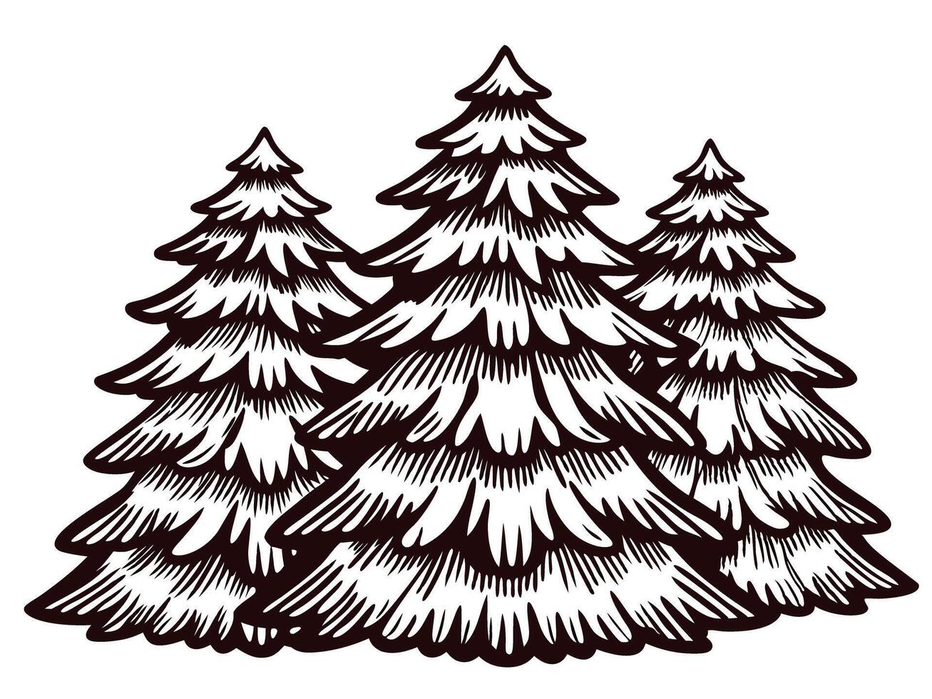 Black and white of snow covered pine trees in a forest vector