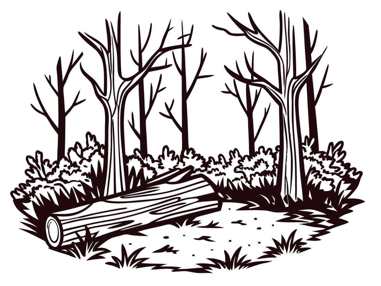Leafless forest with fallen log focused on sparse woodland and leafless trees vector