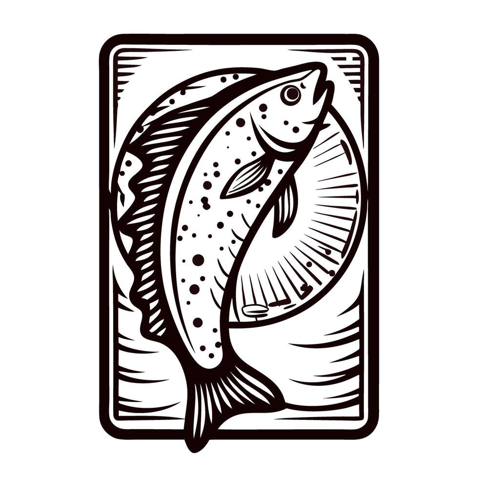Trout fish in rustic monochrome design with detailed patterns and circular background vector