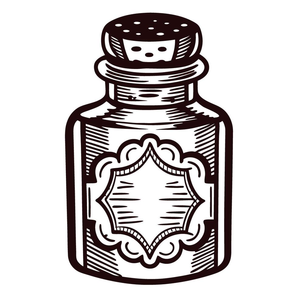 Vintage ink bottle with ornate label design in black and white line art vector